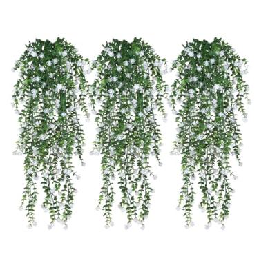 Imagem de PRIMAISON Plantas artificiais penduradas, 3 peças, hastes de vegetação, plantas falsas, folhas de eucalipto, videira, plantas de plástico resistentes a UV para varanda, jardim, casamento, decoração