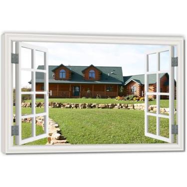 Imagem de Linked HousesTela de janela falsa que economiza espaço, arte de parede cênica realista para quarto e casa 40 x 60 cm emoldurada