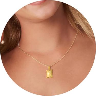 Imagem de Colar com letra inicial para mulheres, aço inoxidável banhado a ouro 18K, pingente retangular A–Z, corrente de 50,8 cm, 20in, Aço inoxidável, Sem Pedra Preciosa
