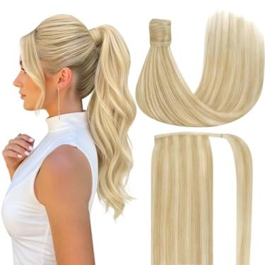 Imagem de Ve Sunny Extensões de Cabelo Rabo de Cavalo Cabelo Humano Cabelo Loiro Extensões de Rabo de Cavalo Cabelo Humano Loiro Mel Rabo de Cavalo Caramelo Loiro Destaque Platinado Rabo de Cavalo Extensão Para