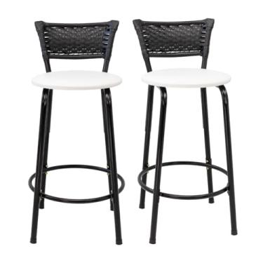 Imagem de Kit 2 Banco Para Bancada Cozinha Gourmet Estrutura Preta Encosto Junco Preto Balcão Ilha Bar Banqueta 60cm Itagold (Assento Branco)