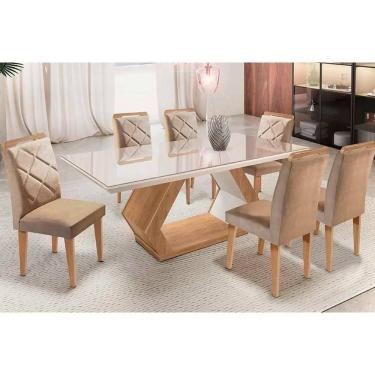 Imagem de Sala De Jantar Alvorada C- Tampo C- Vidro 180x90cm E 6 Cadeiras Melissa Imbuia-linho Turim Rufato