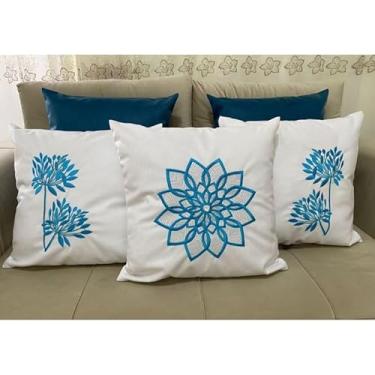 Imagem de Kit 5 Capas de Almofadas Decorativas 45x45cm em Tecido Suede com Bordado e Zíper Invisível – Sofá, Cama e Poltrona(Azul piscina estrela)