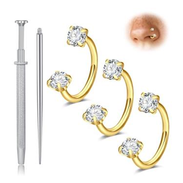 Imagem de Longita Anel de nariz de ferradura de ouro 20 g para mulheres anel de nariz de sapato de cavalo de pedra dupla argola 8 mm aço cirúrgico cartilagem ouro hélice tragus argola labret piercing labial