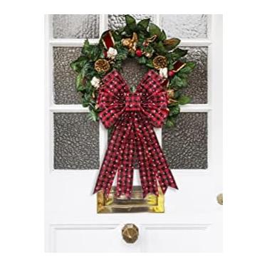 Imagem de Grande laço de Natal para guirlanda, arcos xadrez de búfalo vermelho e preto para decoração de cerca de parede da porta da frente, guirlanda de flores de neve de Natal, arco de topo de árvore para