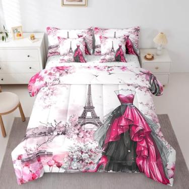 Imagem de jejeloiu Jogo de cama casal com estampa de Torre Eiffel, 7 peças, floral, rosa, vermelho, para mulheres, adultos, adolescentes, moderno, estilo parisiense, romântico, para decoração de quarto