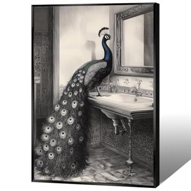 Imagem de BNGFDV Cartazes de arte de parede em tela de pavão preto e branco imagens engraçadas animais decoração de banheiro pinturas neutras minimalistas de animais para banheiro banheiro banheiro decoração de