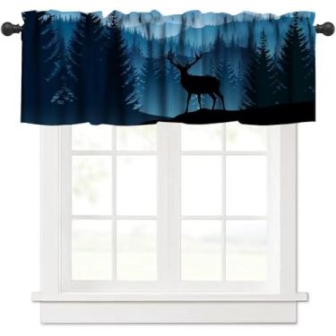 Imagem de Cortina de sanefa de veado de montanha enevoada, rústica retrô, azul, floresta, natureza, floresta, animal selvagem, estampa de veado, blecaute, para cozinha, quarto, 137 x 45 cm