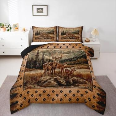 Imagem de Erosebridal Conjunto de edredom rústico de casa de fazenda, chalé, veado, campo, caça, florestas, animais, vintage, floresta, pinheiro, vida selvagem, edredom, 2 peças, decoração de quarto