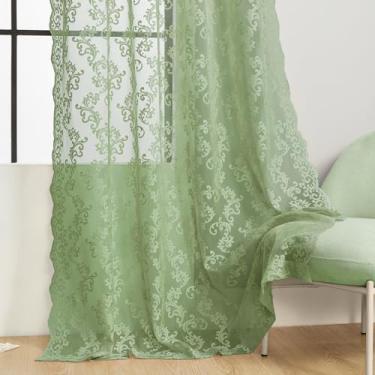 Imagem de Cortinas de renda verde sálvia 213 cm de comprimento, 2 painéis, vintage, cortinas de renda transparente, charmoso, bolso para varão, filtragem de luz, paisley, neutro, janela vitoriana, decoração de