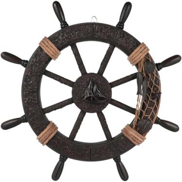 Imagem de Toyvian Decoração de roda náutica: Escultura de parede de rede de pesca de barco mediterrâneo de madeira, enfeite vintage para pendurar na parede de leme para decoração de tema de praia e quarto de