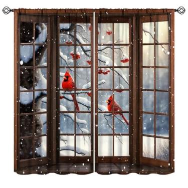Imagem de Cortinas de Natal Cardinais Vermelhos, Ramos de Árvore Floresta Nevada de Inverno Frutas Vermelhas Pássaros de Natal Estampa de Natal Cortinas de Janela para Cozinha Quarto Sala de Estar, 106,7 x