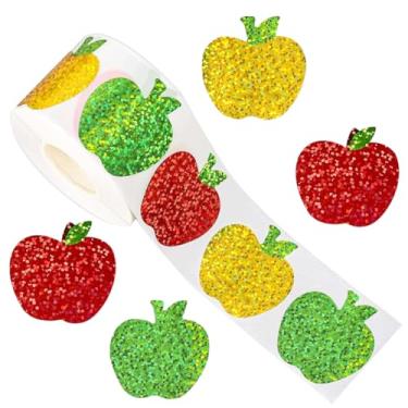 Imagem de 500 pçs adesivos de maçãs volta às aulas rolo de maçãs laser de 3,8 cm brilhantes 3 cores adesivos holográficos à prova d'água adesivos autoadesivos para decoração de envelopes, scrapbook, artigos de
