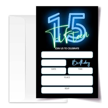 Imagem de ANYEMW Convites de aniversário de 15 anos Neon Glow 10 x 15 20 cartões com 20 envelopes para meninos e meninas Convites de festa de 15º aniversário. (195)