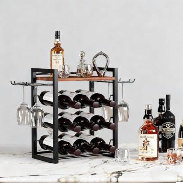 Imagem de B4Life Bancada para adega, suporte de copo de vinho e suporte de garrafa com bandeja, armazenamento de bebidas na bancada comporta 9 garrafas de licor e 4 copos, armazenamento independente de bebidas