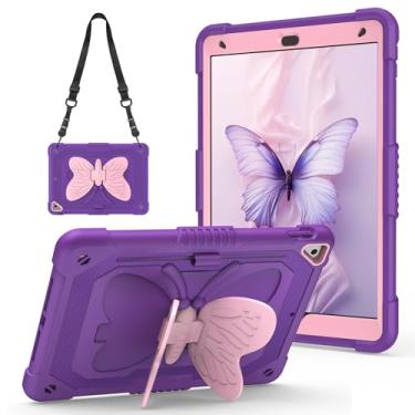 Imagem de VOFUOE Capa protetora rígida 2 em 1 para iPad 9ª/8ª/7ª geração com suporte de borboleta e alça de ombro 2 em 1 para iPad de 10,2 polegadas 2021/2020/2019 - asas roxas e rosa