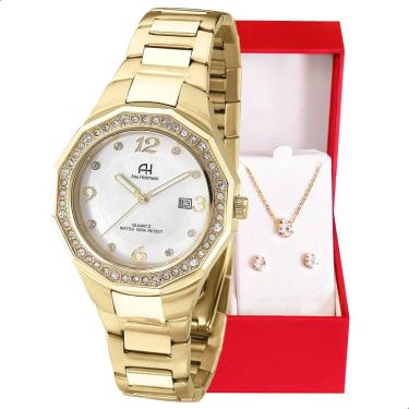 Imagem de Relógio Feminino Champion Ana Hickmann Dourado Cristais Analógico Prova D'Água AH20033H Colar e Brincos