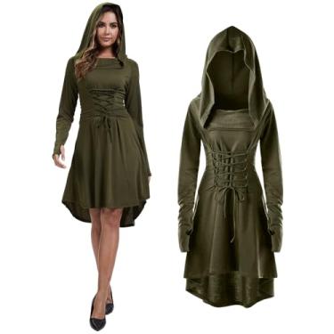 Imagem de NFAUEIK Fantasia feminina renascentista com capuz com cadarço Halloween medieval alto baixo longo moletom com capuz (verde, P)
