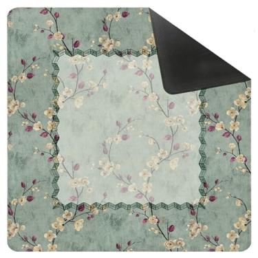 Imagem de Yhtrg Vintage Green Chinoiserie Floral Bird Mahjong Mat for Table 31.5 x 31.5 in, Retro Oriental Chinese Plum Blossom Anti-Slip Mahjong Table Cover Tablecloth for Poker Board Card Tile Game Dominoes