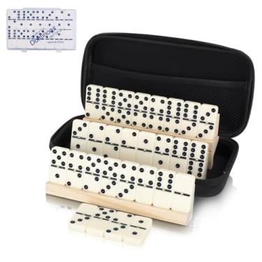 Imagem de LOVITERRA Conjunto de 6 dominós duplos para adultos, dominós duráveis de 28 azulejos com 4 suportes de madeira e estojo de transporte, jogos de tabuleiro clássicos, jogo de viagem portátil