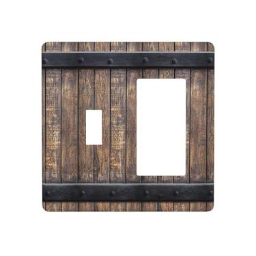 Imagem de Wmhusu Capa de interruptor de luz rústica porta de celeiro vintage placa de madeira country 2 gangues conjunto de balancim capa de tomada placas de parede placas de interruptor decorativas e capas de