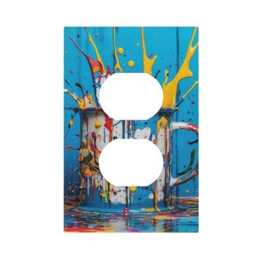 Imagem de LuHuoLu Capas de tomada decorativas, respingos de tinta colorida, prancha de madeira azul, placa de cobertura para interruptor de luz duplex, placa de parede para tomadas elétricas, placa frontal