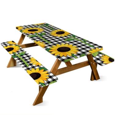 Imagem de ANNA QUEEN Conjunto de capa de mesa de piquenique com girassol de 1,82 m x 76 cm, à prova d'água, banco e toalha de mesa, proteção de móveis para acampamento, praia, churrasco, pátio, quintal