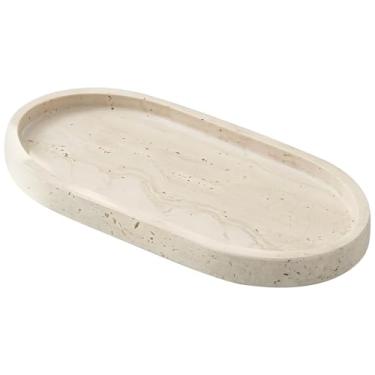 Imagem de Bandeja oval de pedra para banheiro ou cozinha, mármore travertino natural polido, 25 x 12,7 cm, cor creme elegante