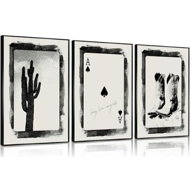 Imagem de 3 peças arte de parede de caubói ocidental estética preto e branco cacto botas de cowboy pintura imagem decoração de parede vintage sudoeste deserto impressão arte para sala de estar quarto decoração