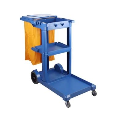 Imagem de Carrinho utilitário de limpeza comercial com saco de vinil, carrinho de limpeza doméstica de 3 prateleiras, carrinho de limpeza sobre rodas (azul)