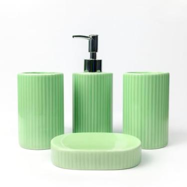 Imagem de Kit de Banheiro Cerâmica com 4 Peças Porta Sabonete Líquido/Saboneteira/Porta Escova/Porta algodão(VERDE)