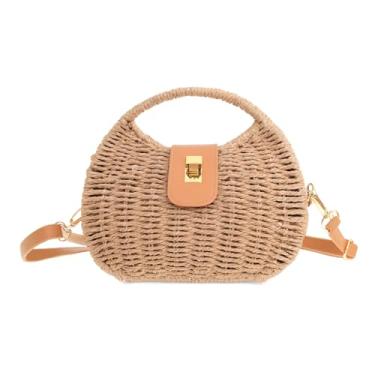 Imagem de Bolsa Satchel Retangular Trançada em Bambu Natural com Alça Ajustável, Forro em Tecido, Detalhes em Couro Sintético, Estilo Casual Verão, Marrom, 25x22x8cm