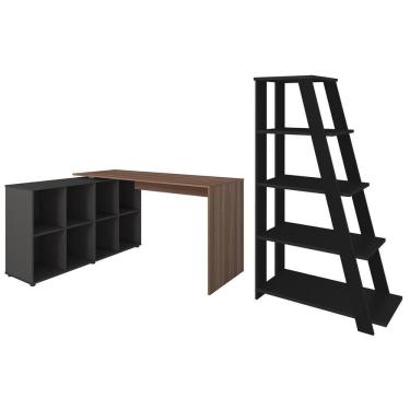 Imagem de Mesa Escrivaninha Em L Eron E Estante Livreiro Stela A06 Freijó/preto - Mpozenato