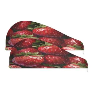 Imagem de SEHANY Toalha de cabelo de microfibra de morangos rosa aquarela para mulheres, 2 peças, turbantes de cabelo de secagem rápida com botão, touca de cabelo seco absorvente toalha de secagem de cabelo