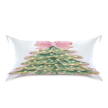 Imagem de ATTX Fronha de almofada de árvore de Natal com laço rosa com fecho de envelope para cabelo e pele, macia, respirável, suave, ambos os lados, capa de almofada de seda refrescante (King 50 cm × 101 cm