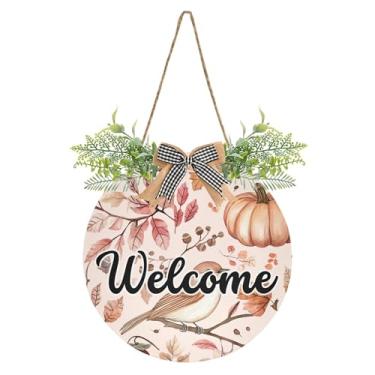Imagem de SEHANY Guirlandas de outono para decoração de porta da frente, letreiro de boas-vindas de abóboras de madeira rústica para pendurar no dia de Ação de Graças para decoração de festas ao ar livre