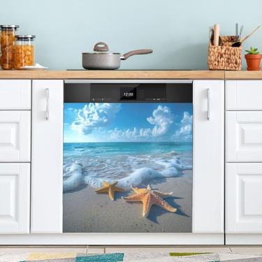Imagem de SEHANY Capa magnética de máquina de lavar louça, estrela do mar, mar, praia, adesivos magnéticos decorativos antiarranhões para painel de geladeira e lava-louças, decoração personalizada de cozinha