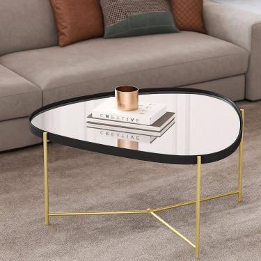Imagem de Mesa de Centro com Borda em Couro Sintético Espelho e Pés em Ferro Alamanda Preto/Dourado