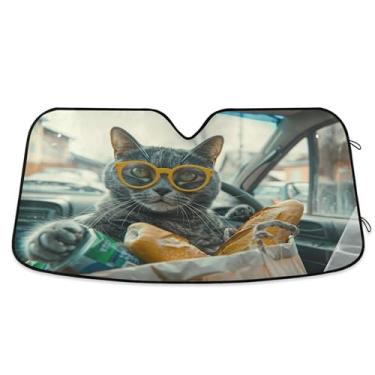 Imagem de SEHANY Engraçado dirigindo gatos pára-brisa, protetor solar dobrável, protetor de viseira de sol bloqueia raios UV para manter o veículo fresco protetor de viseira de sol para carro caminhão SUV 144.8