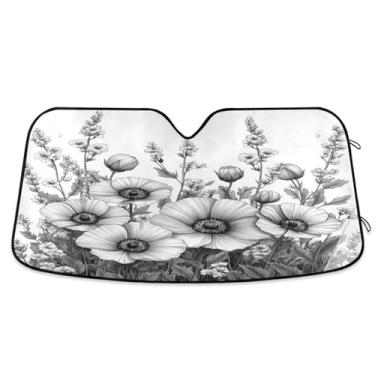 Imagem de ATTX Pára-brisas de carro flores pretas e brancas 134.6 cm x 59.7 cm Protetor solar universal com proteção UV, persiana de janela frontal automática dobrável para caminhões Sedans SUVs #866