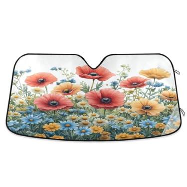 Imagem de ATTX Pára-brisas de carro colorido flores silvestres 144.8 cm x 80.0 cm escudo solar universal com proteção UV, persiana de janela frontal automática dobrável para caminhões Sedans SUVs #312