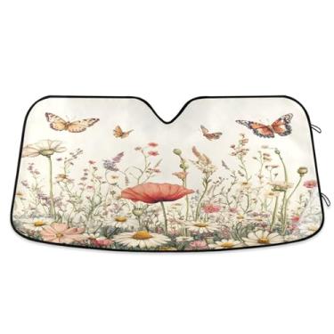 Imagem de ATTX Para-brisa de carro de flores silvestres e borboletas 139.7 cm x 70.1 cm Protetor solar universal com proteção UV, persiana de janela frontal automática dobrável para caminhões Sedans SUVs #480