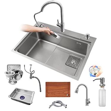 Imagem de Lava-louças cozinha 1 seio e escorredor redondo, lava-louças de cozinha aço inoxidável lava-louças grande com 1 orifício drenagem direita e tubo de desbaste sobre bancada, baixo balcão ou arrumado