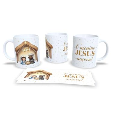 Imagem de Caneca Natalina com Presépio, Jesus O Verdadeiro Sentido do Natal, Cerâmica Branca, Decoração Religiosa com Arte Dourada, 325ml (23184)