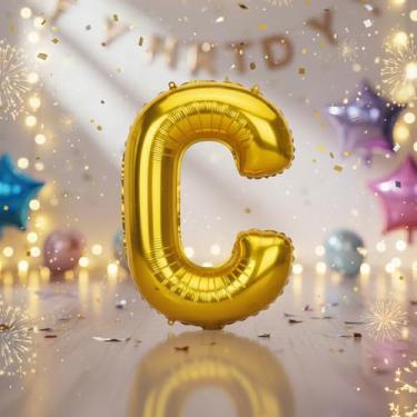 Imagem de Balões grandes com letra C dourada de 81 cm, balões de clphabet Mylar preenchidos com hélio para festas de aniversário e decorações de aniversário, suprimentos de decoração de festa de ouro grande