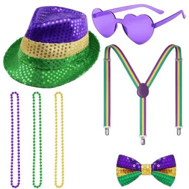 Imagem de MIRJXB Roupa de carnaval para homens, conjunto de fantasia de 5 peças com chapéu, óculos, colar, gravata borboleta e suspensórios, acessórios de festa de carnaval para eventos temáticos e encontros