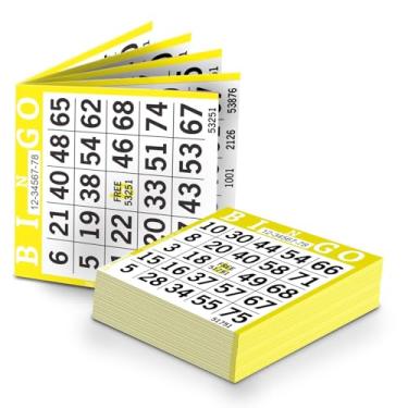 Imagem de Folhas de papel de bingo – 1 rosto, 10 x 10 cm – Pacote com 500 cartões descartáveis de bingo de uso único – Papel Dauber reciclável para idosos, adultos e eventos comunitários (amarelo)