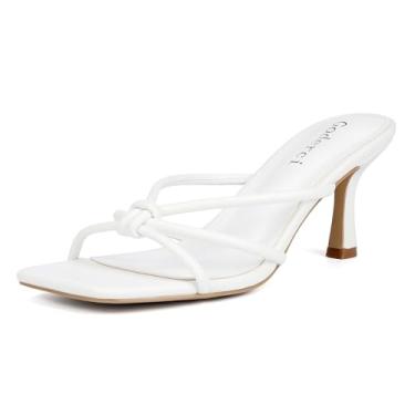 Imagem de Goderci Sandálias femininas de salto médio com nó quadrado com bico aberto, salto mula, salto médio, Branco, 40