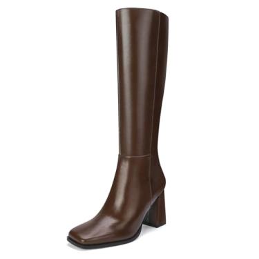 Imagem de Goderci Botas de cano alto femininas de couro sintético, bico quadrado, botas longas e altas com zíper lateral, Marrom, 40