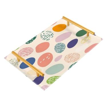 Imagem de CEBUGI Ovos de Páscoa coloridos de acrílico decorativo bandeja de mesa de centro bandeja otomana com almofada antiderrapante bandeja de servir com alças douradas para banheiro, sala de estar, 20 x 30